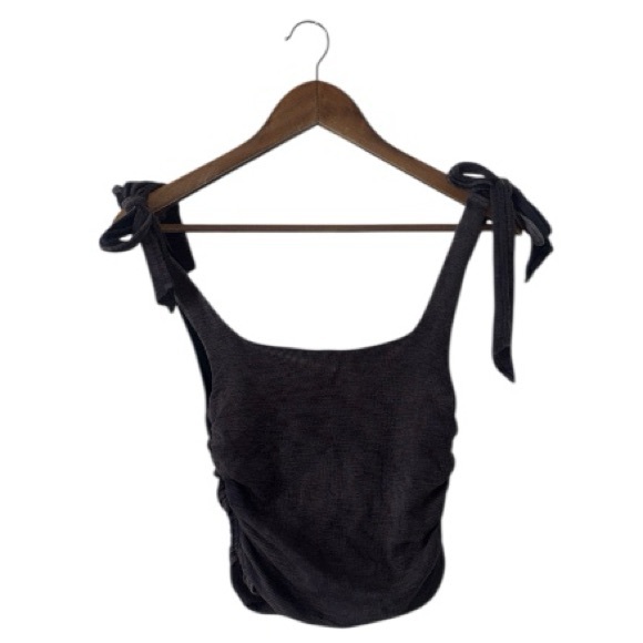 Free People Grey Boulevard Bow Tie Sleeves Tank Top Crop Top Shirt Stretch Small - Picture 2 of 10